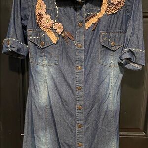 Denim Mini Dress with Floral Embroidery